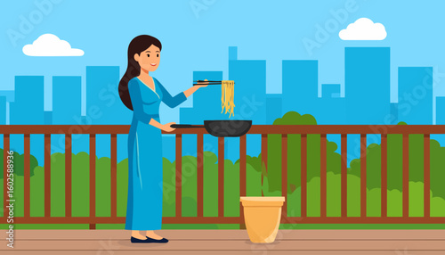 Smiling woman in a long blue dress cooking noodles in a pan, lifting them with chopsticks.