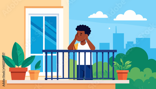 A pensive young black man with curly hair, leaning on a balcony railing and looking out.
