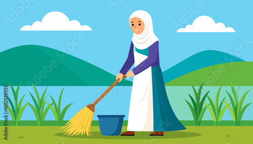 Smiling Muslim woman in a white hijab and long dress sweeping with a broom and bucket.