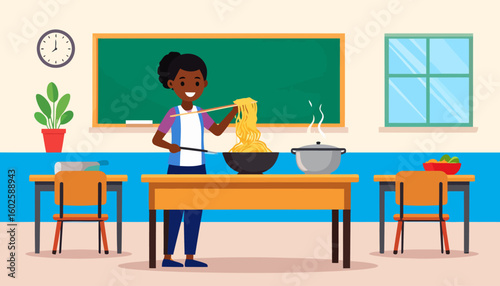 Cheerful woman in a white apron happily cooking steaming yellow noodles with chopsticks.