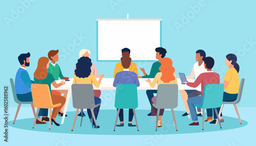 Diverse team of professionals in a modern flat style illustration, collaborating in a conference room.