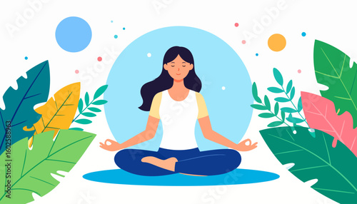 Illustration of a calm woman with dark hair meditating in the lotus pose, her hands in the Gyan mudra gesture.