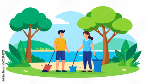 Young man and woman with cleanup tools, a shovel and bucket, volunteering for environmental care.