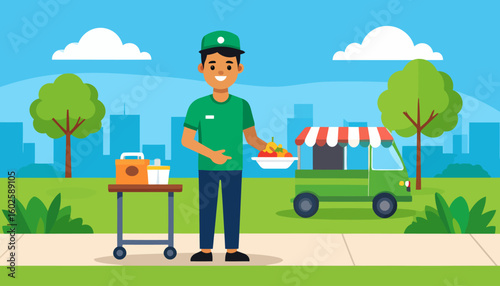 Friendly food truck vendor in a green uniform serving a fresh meal in a sunny city park.