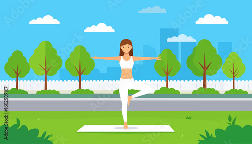Slender woman with brown hair in a white sports bra and leggings, balancing in a yoga tree pose.