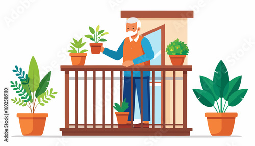 Elderly man with a white beard and orange vest gardening on his apartment balcony.