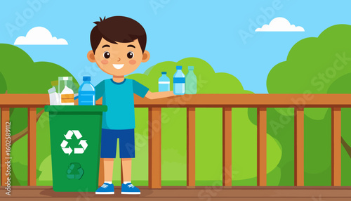 Smiling young boy with dark hair recycling plastic bottles and waste into a green bin.