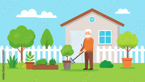 Smiling elderly man with a white beard and orange sweater gardening with a rake.