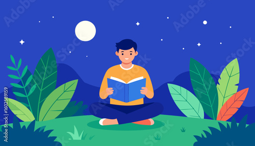 A smiling young man with dark hair in an orange shirt sits cross-legged, holding and reading an open blue book.