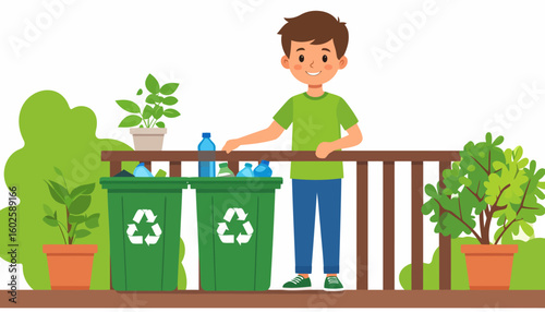 Cartoon illustration of a smiling boy in a green t-shirt recycling plastic bottles.