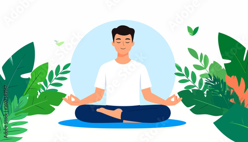 Serene young man with dark hair and closed eyes meditating in a lotus pose with a gentle smile.