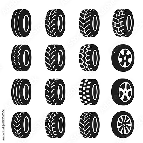 A collection of various types of car tires, rubber tire designs, transportation, automotive and tire industry related images
