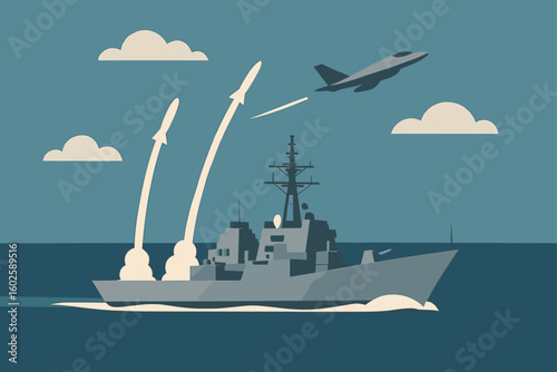 A modern warfare graphic featuring warship launching rockets with jet in the sky, ideal for defense technology and naval power illustration