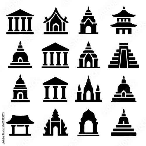 A silhouette icon set of architectural landmarks and cultural buildings, a collection of temples, structures, and ancient monuments