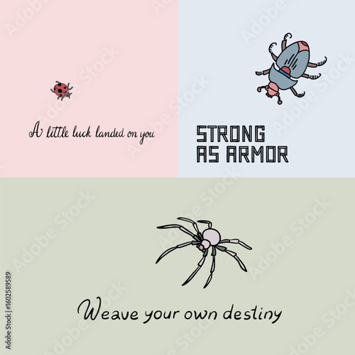 Motivational Bug Illustrations with Ladybug, Beetle and Spider