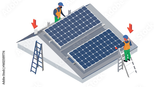 Isometric view of two workers installing solar panels on a roof with ladders and red arrows pointing down