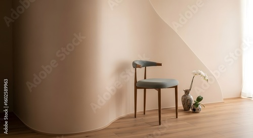 Serene modern interior scene featuring a stylish chair and delicate orchid, embodying minimalist elegance and calm