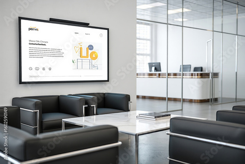 Modern office waiting area with digital display screen