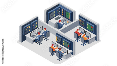Isometric view of a control room with multiple workstations and operators monitoring screens and systems