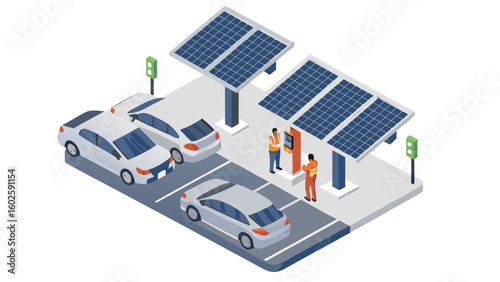 Isometric view of a parking lot with solar panel canopies and electric vehicle charging station with cars