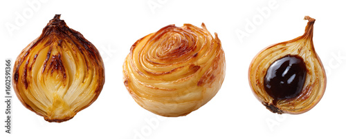 Caramelized onions cut in halves, delicious food. Roasted vegetables, gourmet cuisine, healthy eating, culinary arts, cooking, caramelized, tasty, savory.