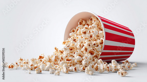 A red and white striped bucket tipped over with popcorn spilling out on a white background surface