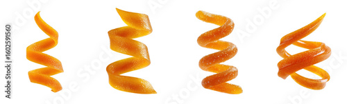 Candied orange peels in spirals. Confectionery delight, citrus zest, dessert topping, sweet treat, food styling, culinary decoration, garnish, candy, candied, peel, orange.