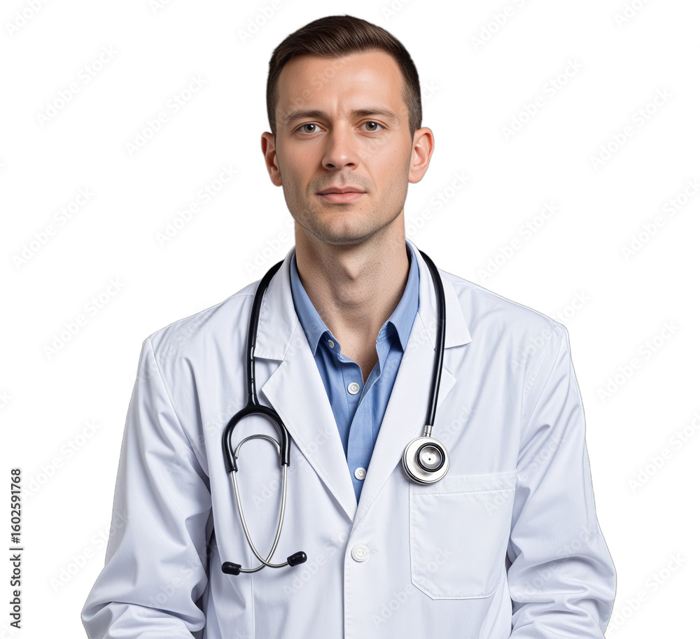 Fototapeta premium Confident male doctor in a white coat with a stethoscope, isolated on transparent background. Suitable for medical, healthcare, or professional-related designs and presentations.