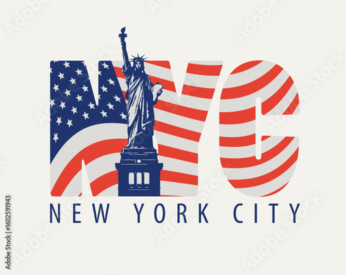 Vector banner with Statue of Liberty, abbreviation NYC, american flag and inscription New York. T-shirt design, advertising poster, travel postcard, flyer. No AI 