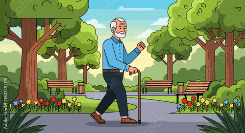 Senior Man Walking in Park with Cane, Cartoon Illustration, Sunny Day, Peaceful Scene