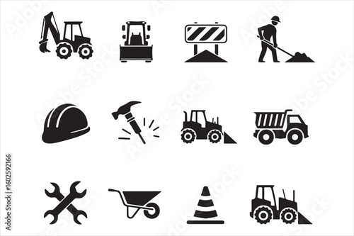 Construction Icons Depicting Heavy Machinery Safety Equipment and Roadwork Activities in a Black and White Vector Graphic