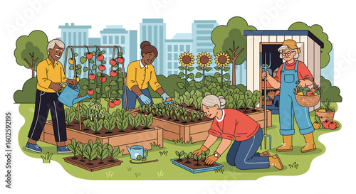 Community Gardeners Working Together: Cultivating Vegetables and Flowers in Urban Setting
