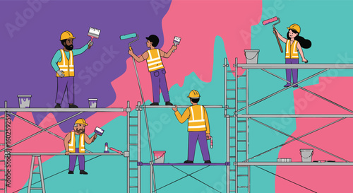 Construction workers painting building walls on scaffolding