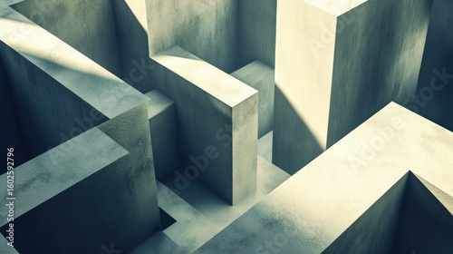 Abstract maze of concrete blocks, shadows and light.