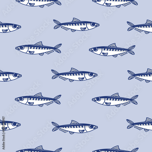 Marine seamless pattern of Sardines fish. Blue backdrop with sea or ocean animals, aquatic creatures. Fresh seafood. Summer print for fabric, wallpaper, wrapping paper