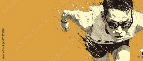 Runner's Grit: Dynamic vector art of a determined runner in motion. Sport, fitness, athlete, marathon. Action, speed, energy. Graphic style, detailed artwork.
