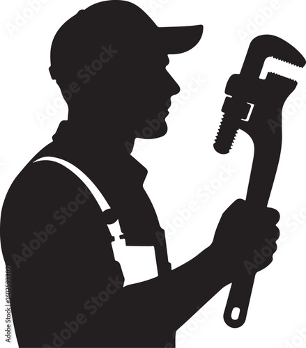 Plumber holding adjustable wrench tool handyman