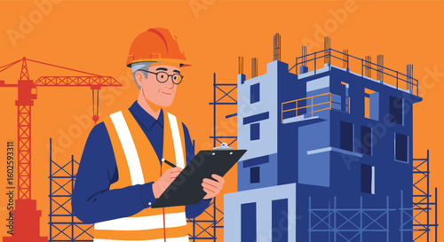 Construction Supervisor Inspecting Building Site with Clipboard