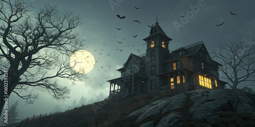 Spooky Haunted House on a Hill with Full Moon