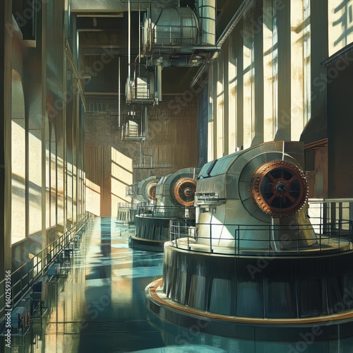 Interior of a vintage power plant with water turbines and sunlight illuminating the hall.