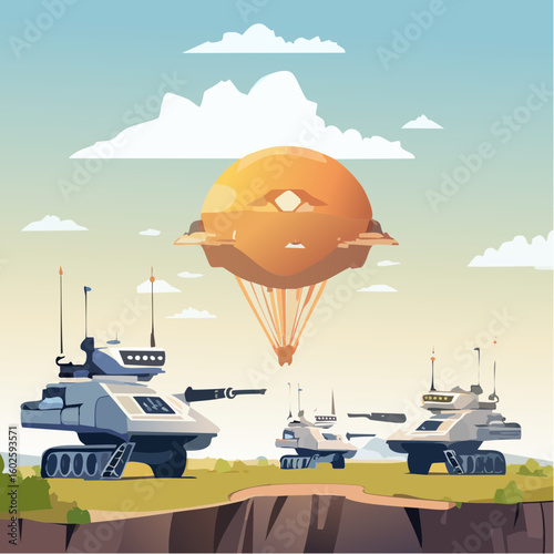 Futuristic armored vehicles with advanced weaponry engage in a strategic standoff beneath a hovering airborne craft
