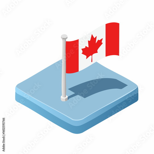 Isometric illustration of the Canadian flag proudly waving on a blue platform casting a subtle shadow, representing national pride and identity.