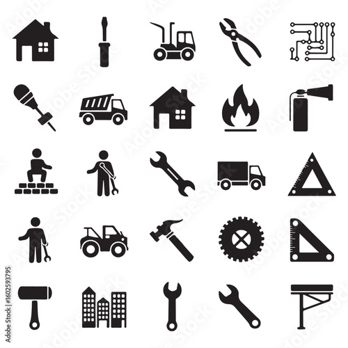 Assorted Construction and Engineering Icons Representing Tools, Buildings, and Infrastructure Elements for Industry Applications