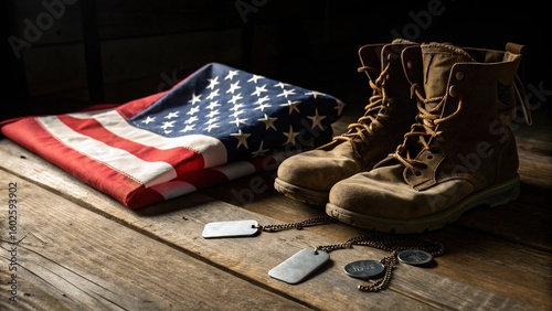 Veterans Day or Memorial Day concept with military boots, dog tags, and a folded American flag