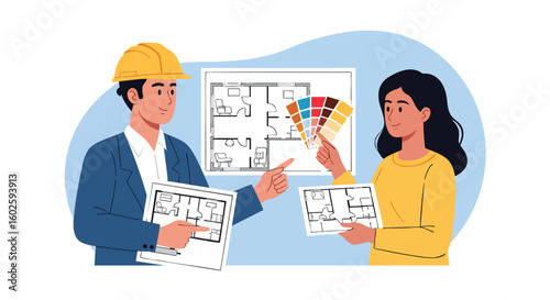 Architect and Designer Discussing Floor Plan Color Palette