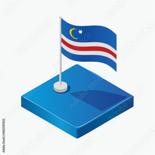 Isometric illustration of the flag of Cabo Verde waving on a blue platform with a white background