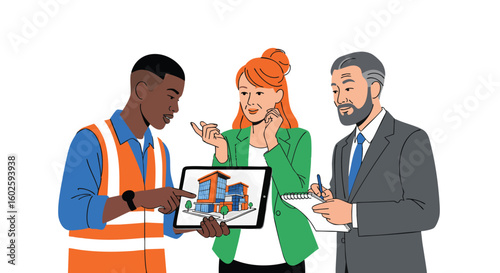 Architect Presenting Building Design to Clients on Tablet