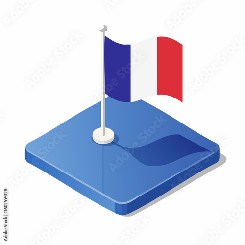 Isometric illustration of the French flag planted on a blue square platform, symbolizing national pride and global presence in a clean vector style.