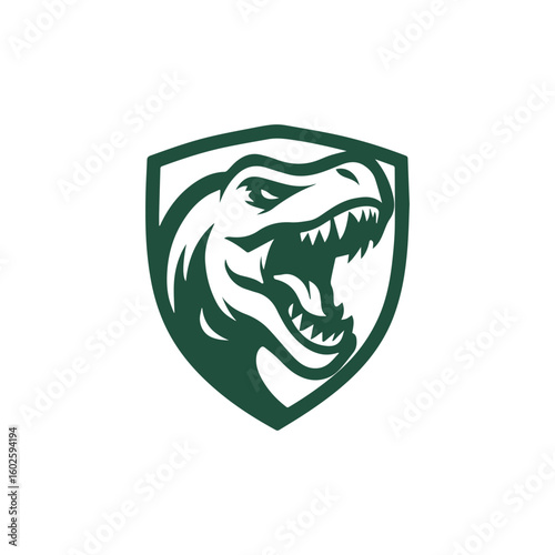 Roaring T-Rex head inside shield emblem vector logo, isolated on white background, generative ai