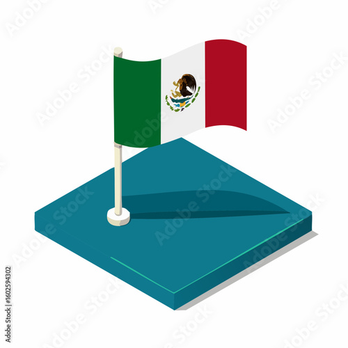 Isometric illustration of the Mexican flag waving on a pedestal with a shadow casting on a teal platform against a white background